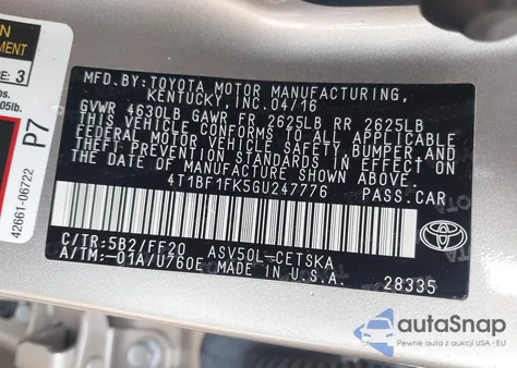 2016 Toyota Camry Se from USA, damaged, VIN 4T1BF1FK5GU247776